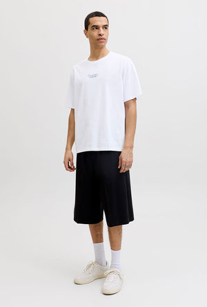 Front image of a model wearing the Art print tee in white, by brand Jack&jones