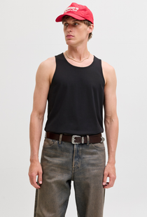 Front image of a model wearing the Jack and jones basic tanktop in black, by brand Jack&jones