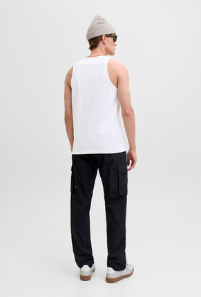 Back image of a model wearing Jack and jones basic tanktop in white, by brand Jack&jones