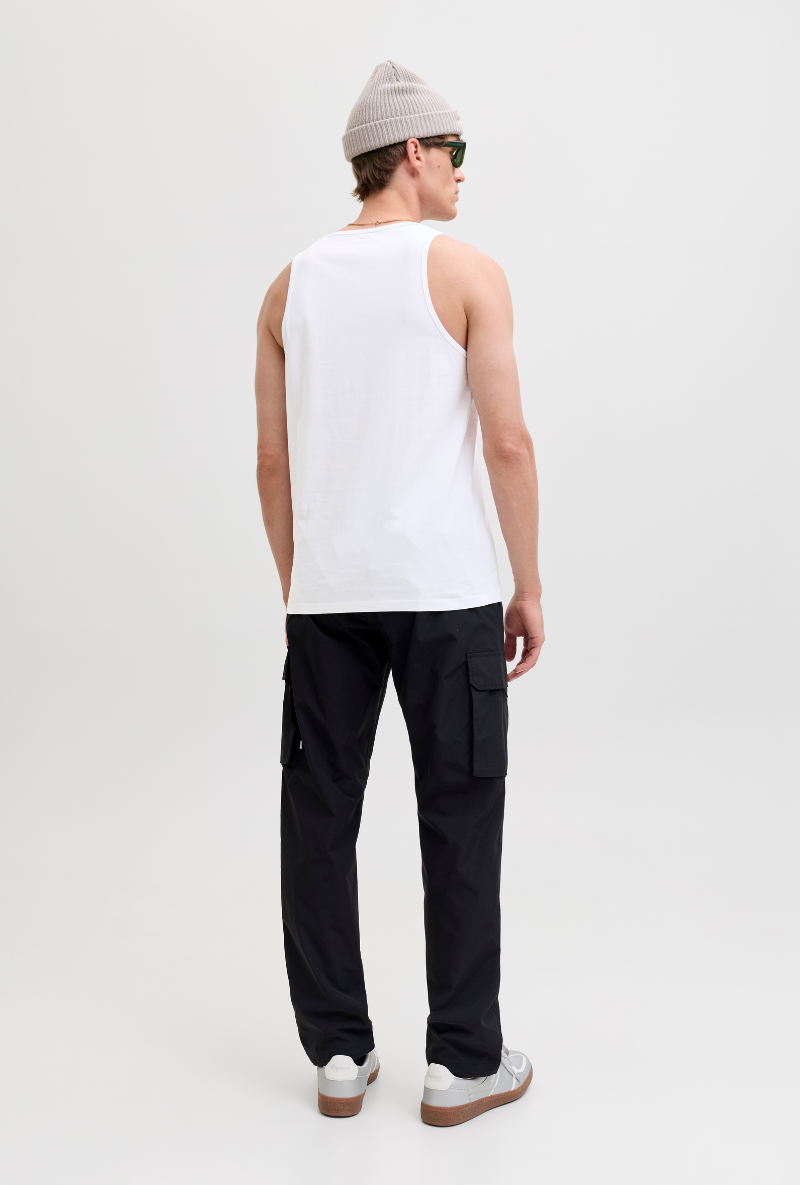 Back image of a model wearing Jack and jones basic tanktop in white, by brand Jack&jones