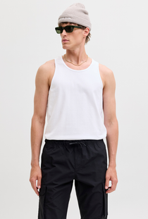 Front image of a model wearing the Jack and jones basic tanktop in white, by brand Jack&jones