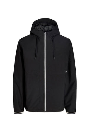 Front image of the Benjamin light hood jacket in black, by brand Jack&jones