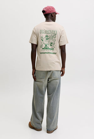 Back image of a model wearing the Brewy ss tee in beige, by brand Jack&jones