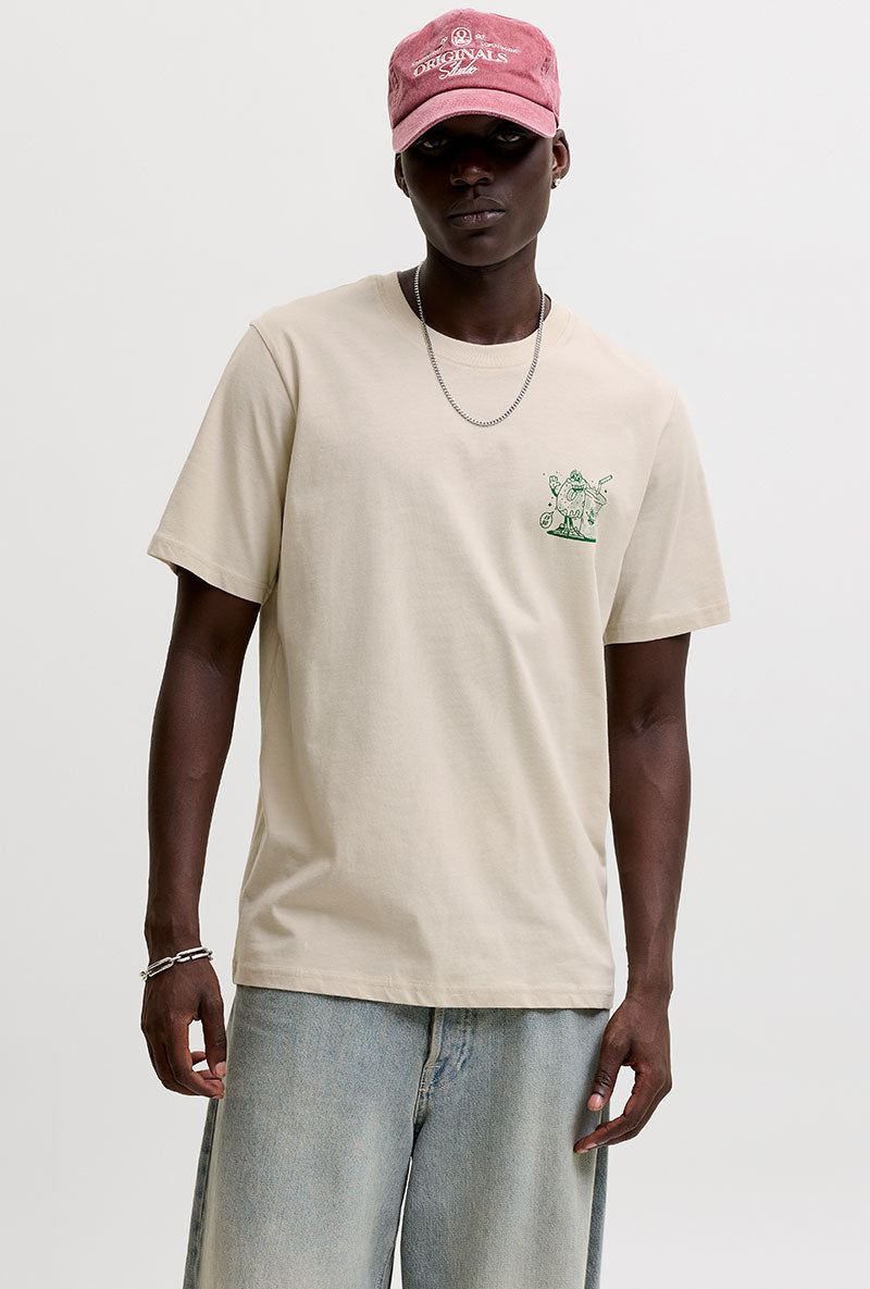 Front image of a model wearing Brewy ss tee in beige, by brand Jack&jones