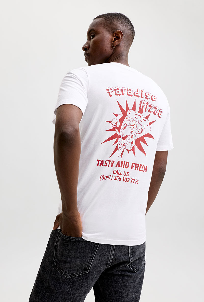 Back image of a model wearing Brewy ss tee in white, by brand Jack&jones