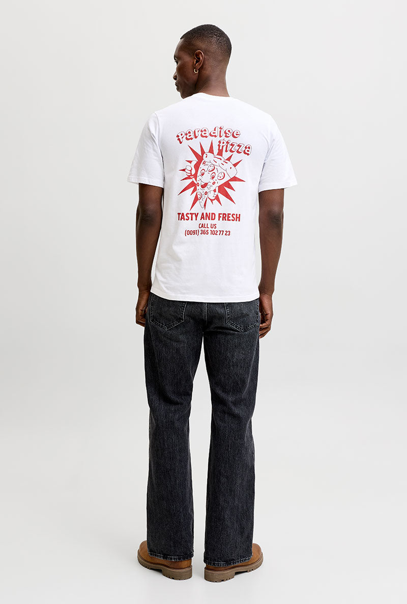 Back image of a model wearing Brewy ss tee in white, by brand Jack&jones
