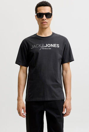 Front image of a model wearing the Blaneo ss tee in black, by brand Jack&jones