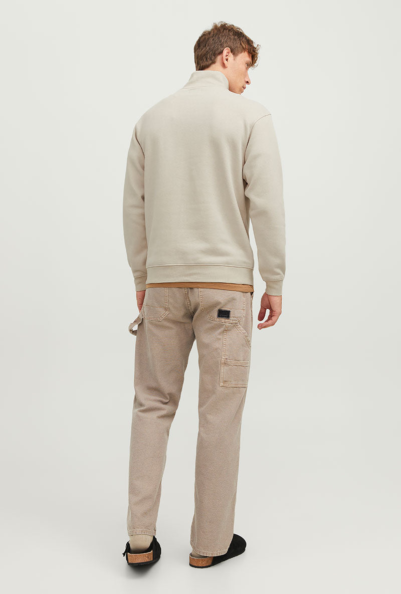 Back image of a model wearing Bradley sweat half zip sweatshirt in beige, by brand Jack&jones