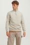 Front image of a model wearing Bradley sweat half zip sweatshirt in beige, by brand Jack&jones