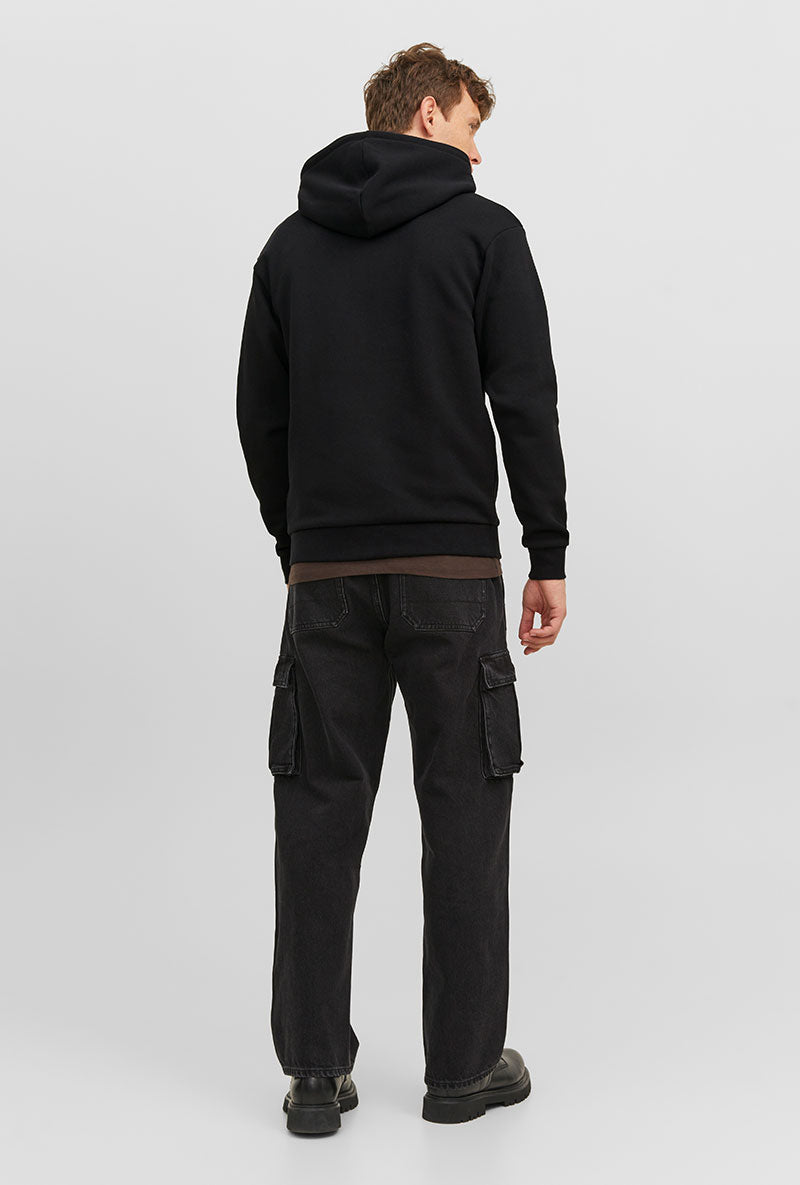 Back image of a model wearing Bradley sweat zip hood in black, by brand Jack&jones