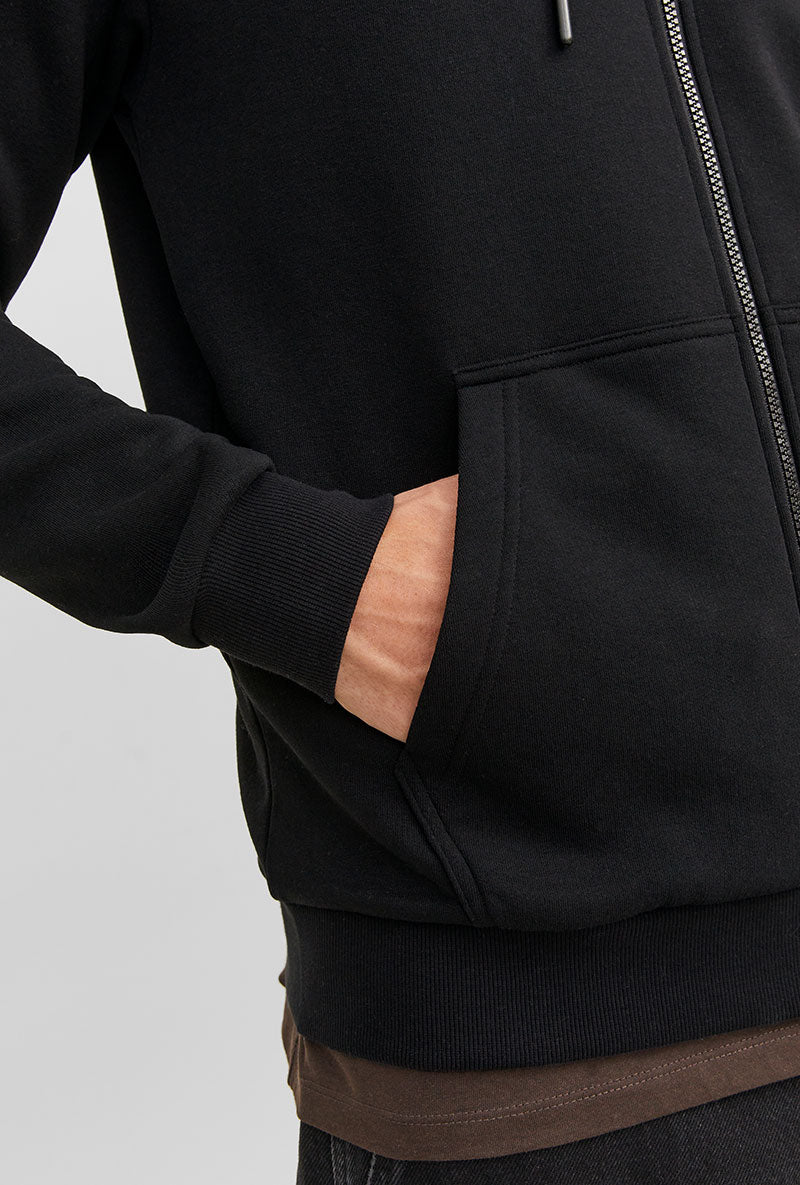Front image of Bradley sweat zip hood in black, by brand Jack&jones