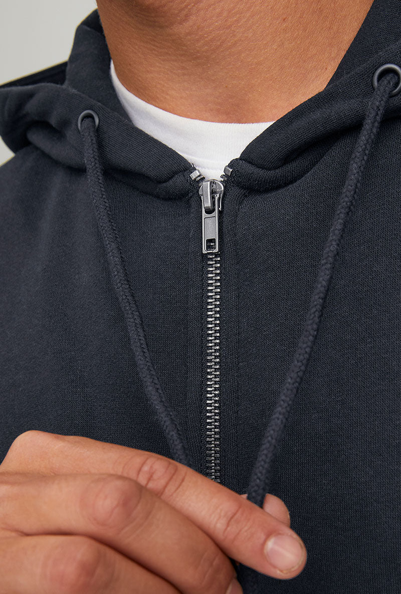 Front image of Bradley sweat zip hood in black, by brand Jack&jones