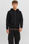 Front image of a model wearing Bradley sweat zip hood in black, by brand Jack&jones