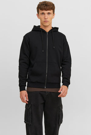 Front image of a model wearing the Bradley sweat zip hood in black, by brand Jack&jones