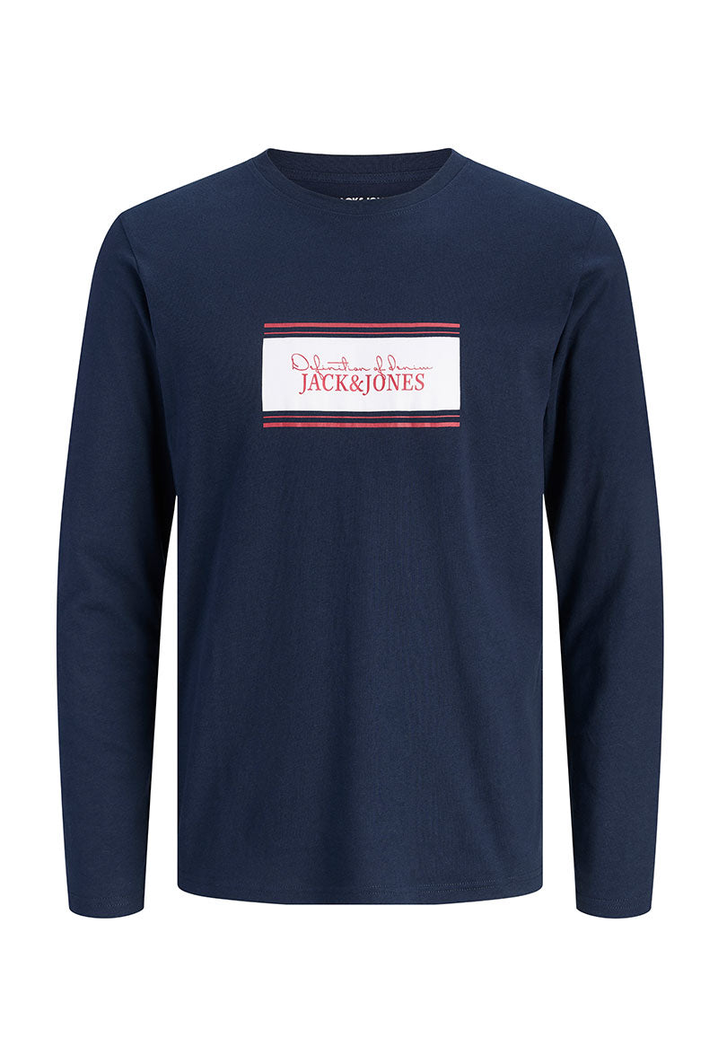 Front image of Buster ls tee in navy, by brand Jack&jones