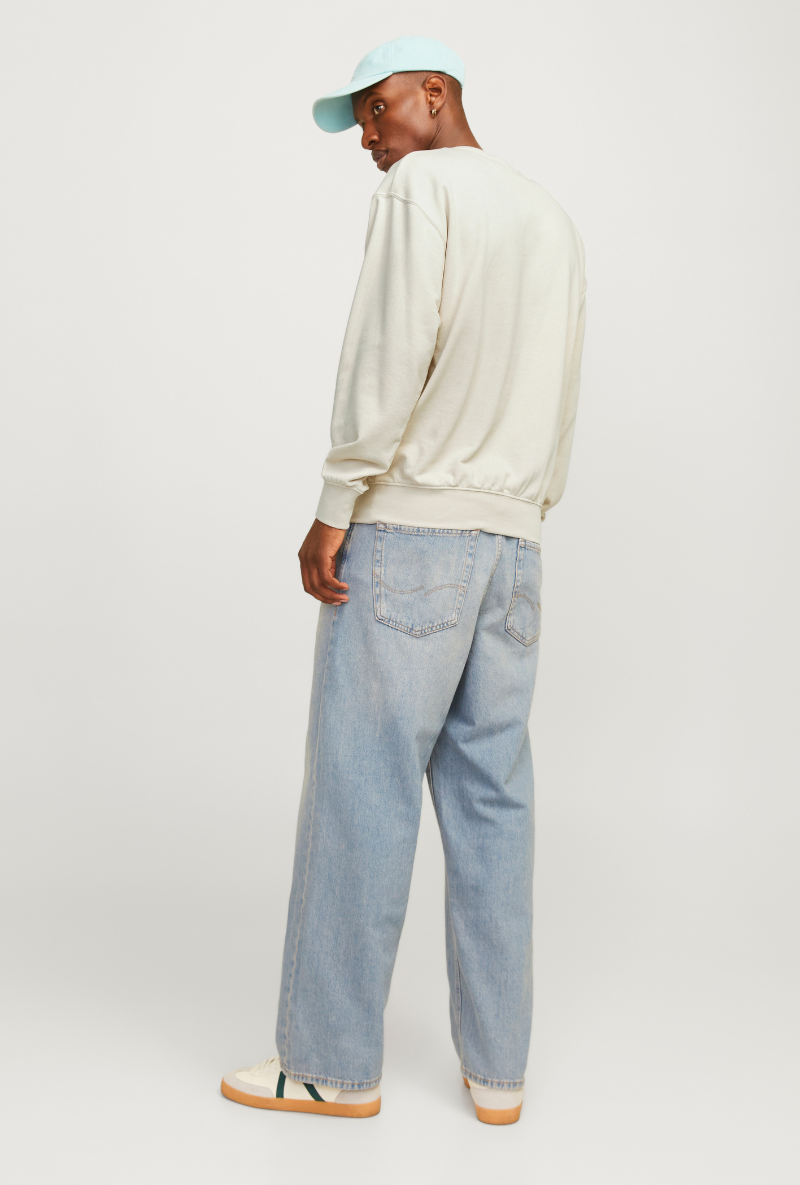 Back image of a model wearing Jack and jones charge sweatshirt in beige, by brand Jack&jones