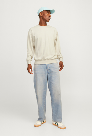 Front image of a model wearing the Jack and jones charge sweatshirt in beige, by brand Jack&jones