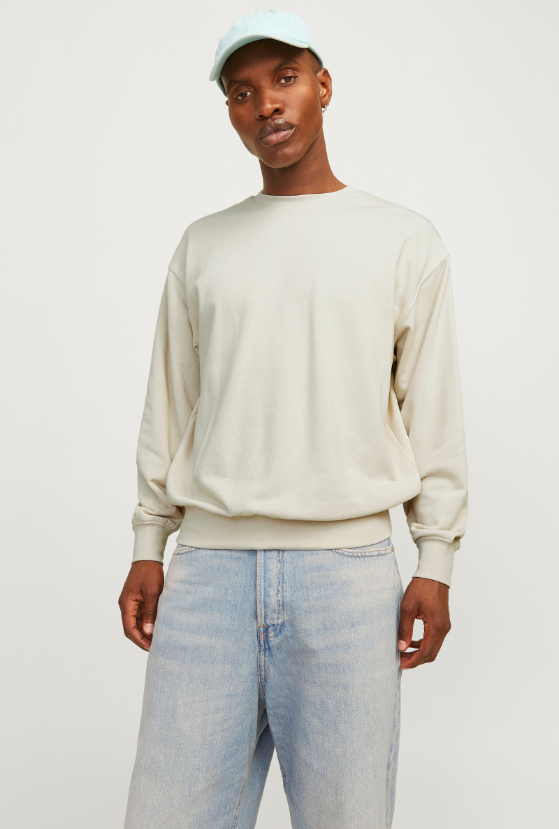 Front image of a model wearing Jack and jones charge sweatshirt in beige, by brand Jack&jones