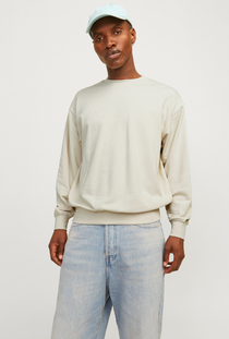 Front image of a model wearing the Jack and jones charge sweatshirt in beige, by brand Jack&jones