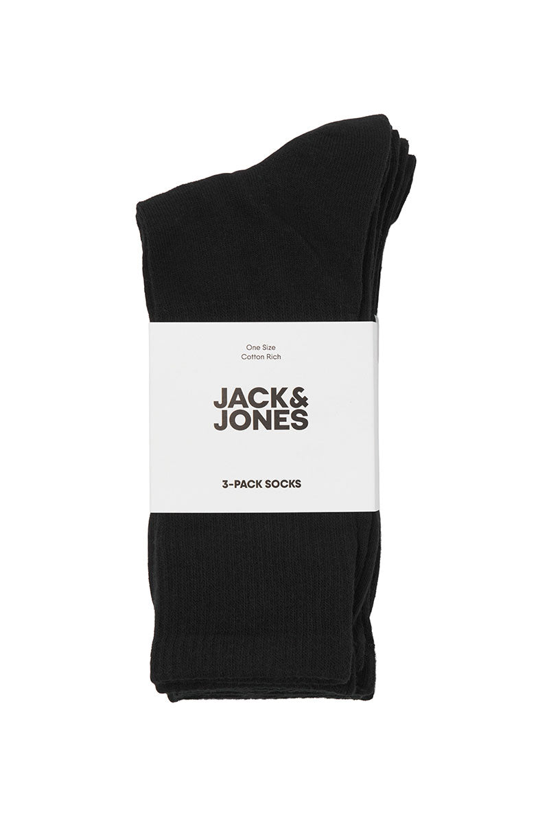 Front image of Charles tennis sock 3 pack in black, by brand Jack&jones