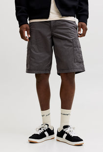 Front image of a model wearing the Cole matty cargo shorts in charcoal, by brand Jack&jones