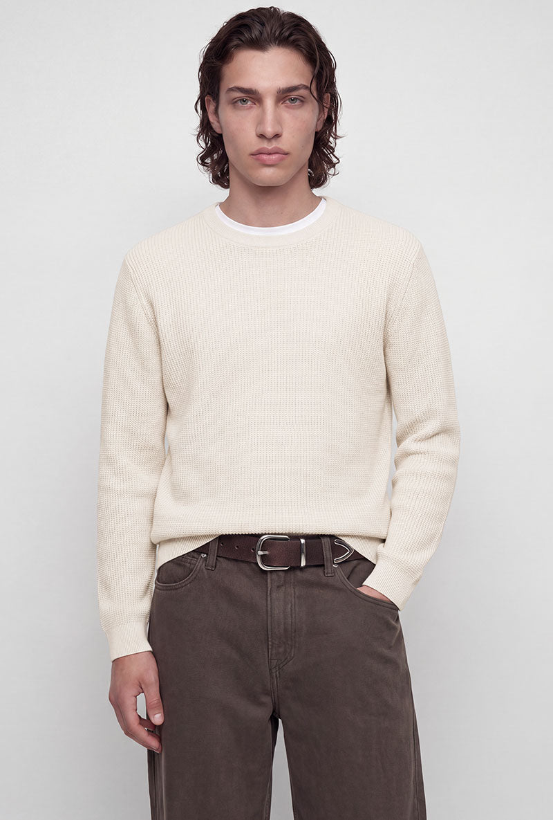 Front image of a model wearing Connor crew neck knit in beige, by brand Jack&jones