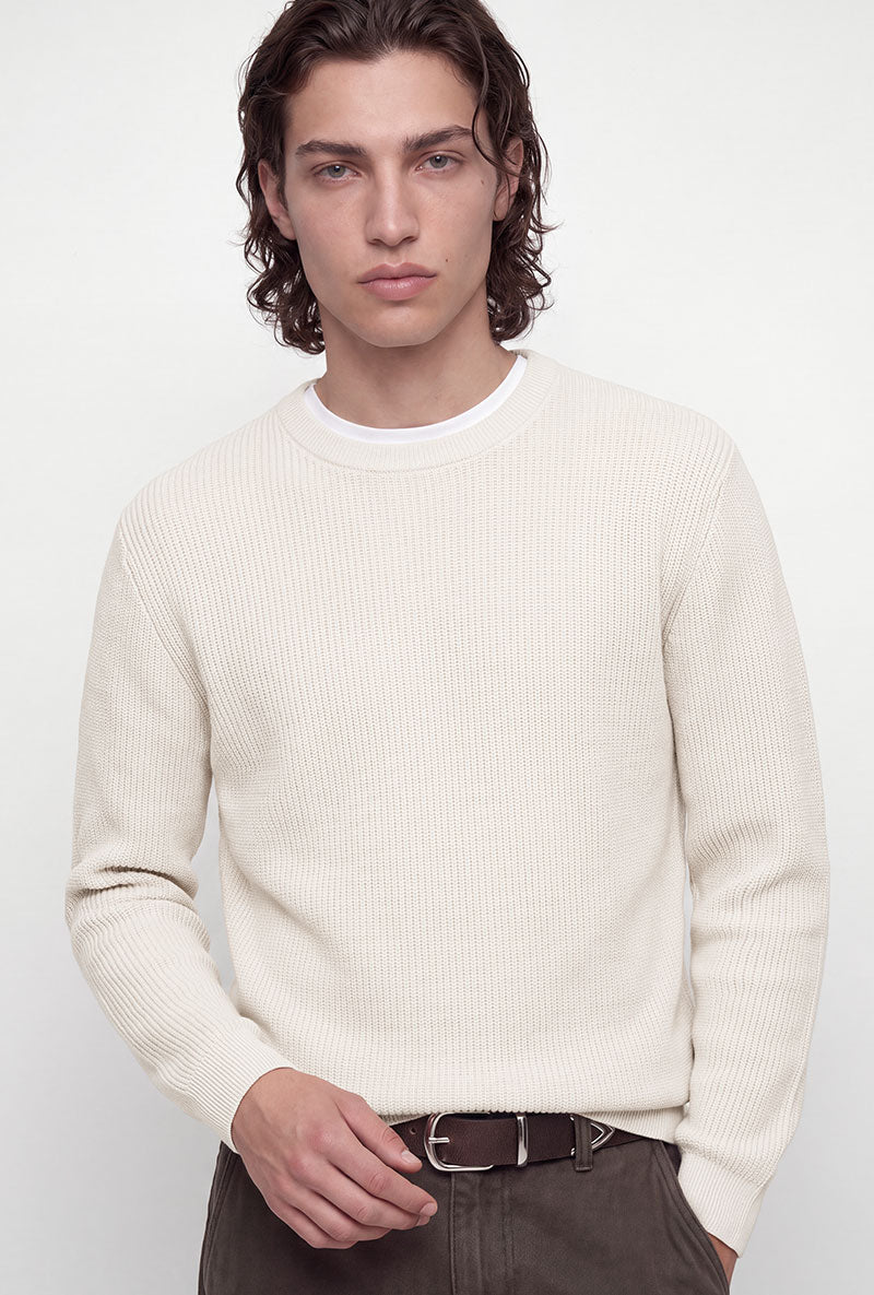 Front image of a model wearing Connor crew neck knit in beige, by brand Jack&jones