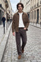 Front image of a model wearing the Connor crew neck knit in beige, by brand Jack&jones