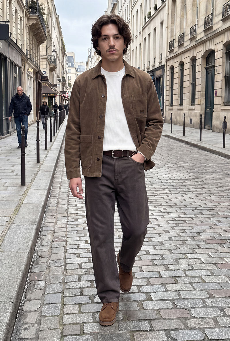 Front image of a model wearing Connor crew neck knit in beige, by brand Jack&jones