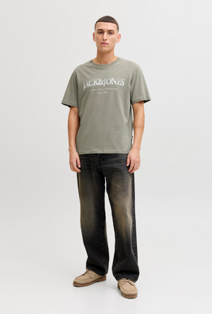 Front image of a model wearing the Jack and jones daytona print tee in khaki, by brand Jack&jones