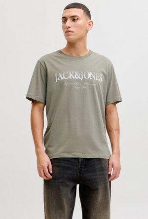 Front image of a model wearing the Jack and jones daytona print tee in khaki, by brand Jack&jones