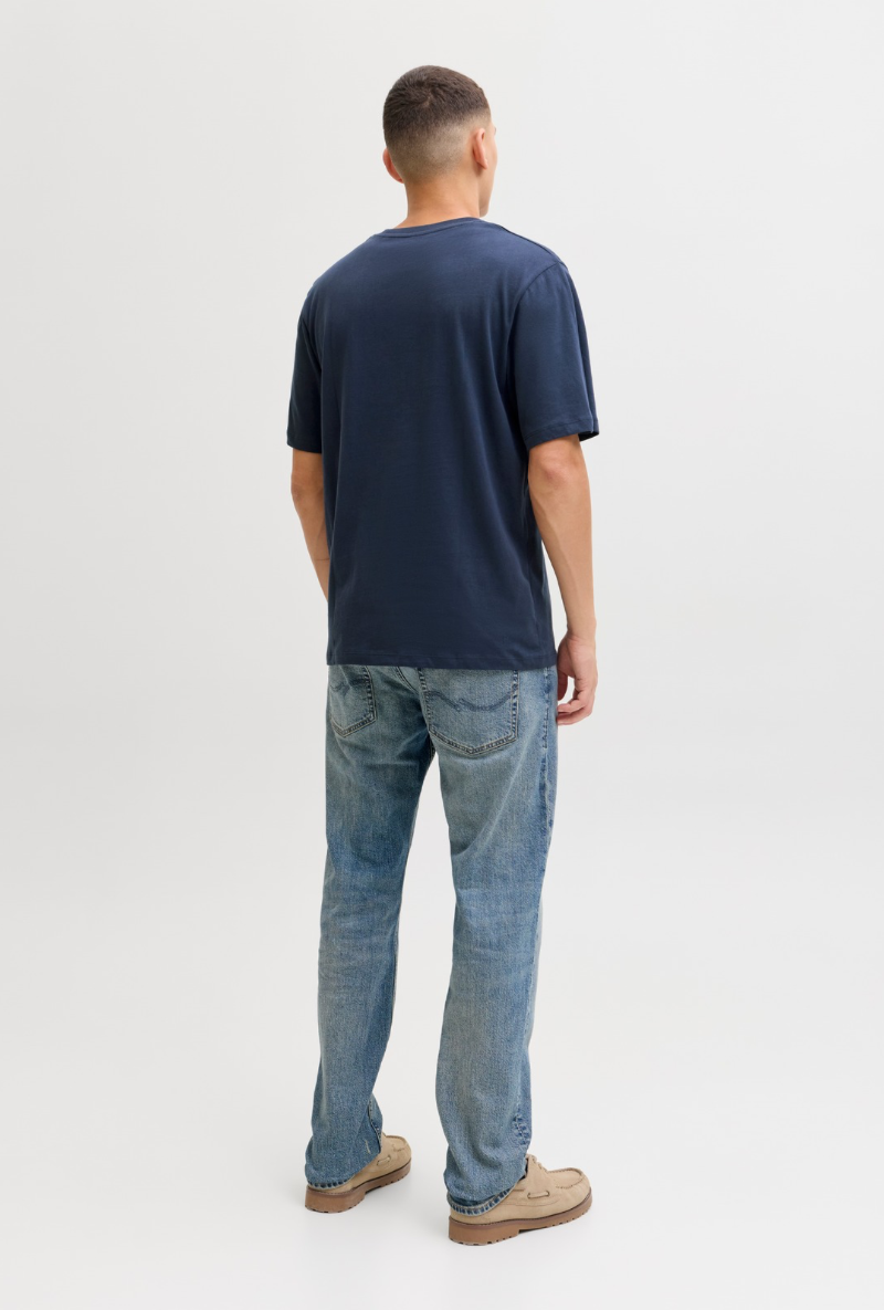 Back image of a model wearing Jack and jones daytona print tee in navy, by brand Jack&jones