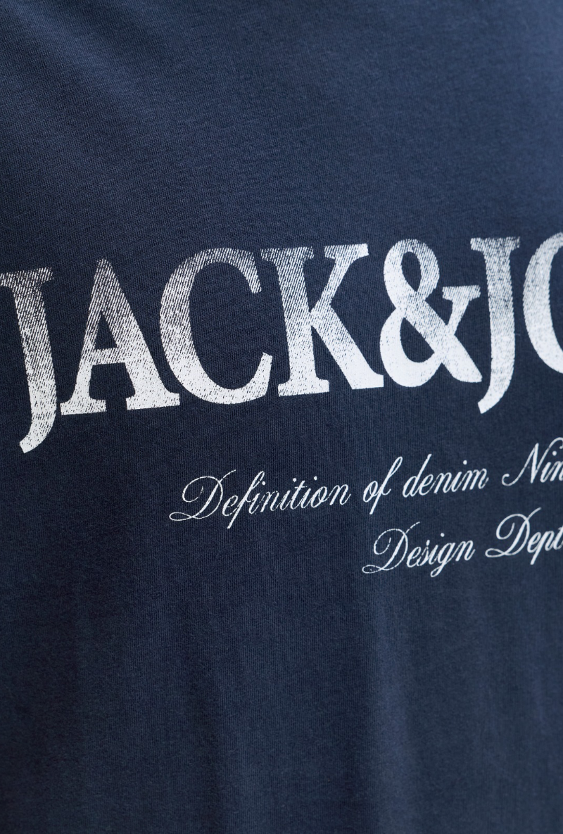 Close up image  of Jack and jones daytona print tee in navy, by brand Jack&jones