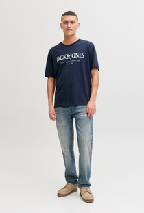 Front image of a model wearing the Jack and jones daytona print tee in navy, by brand Jack&jones