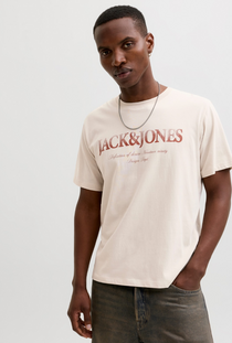 Front image of a model wearing the Jack and jones daytona print tee in stone, by brand Jack&jones