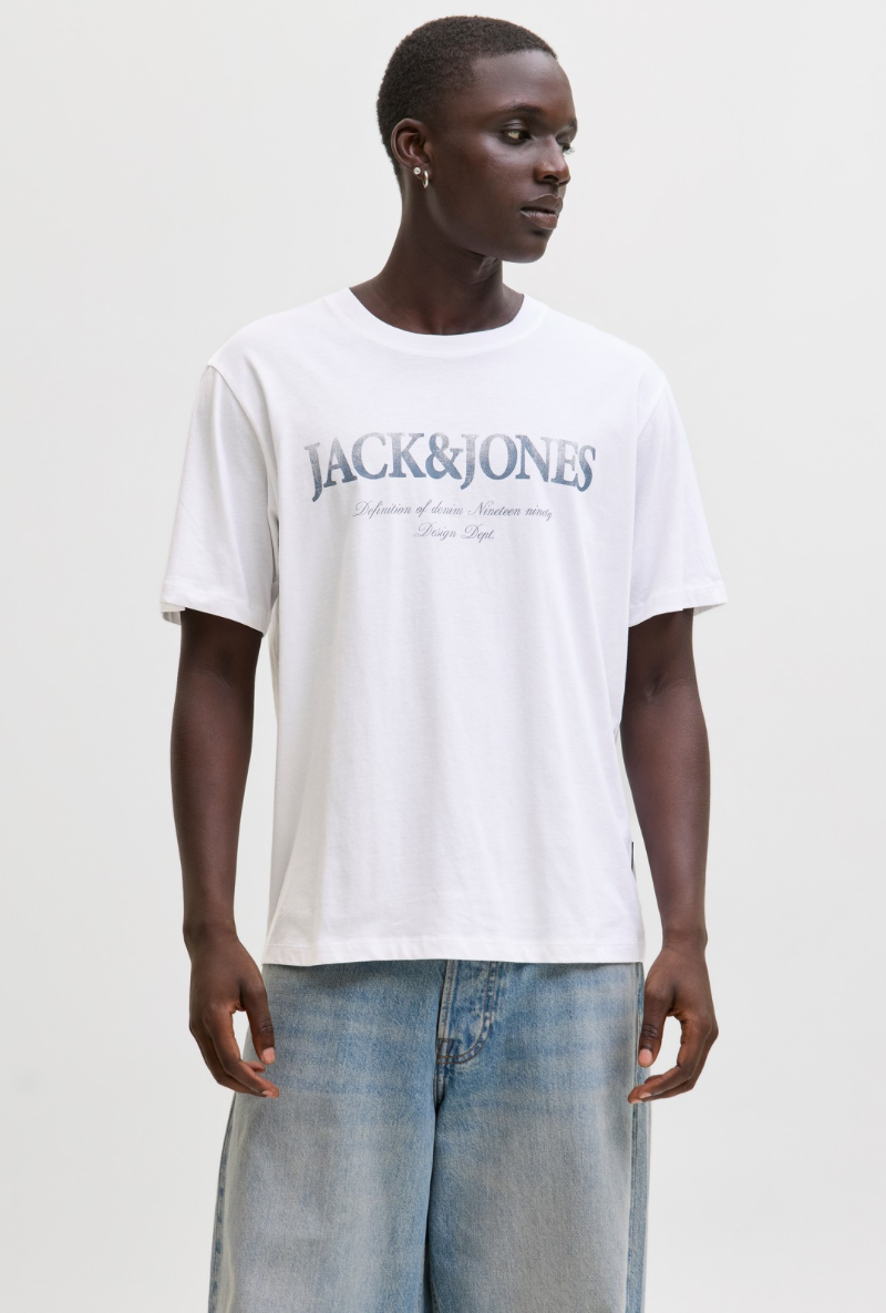 Front image of a model wearing Jack and jones daytona print tee in white, by brand Jack&jones