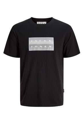 Front image of Fusion box print tee in black, by brand Jack&jones