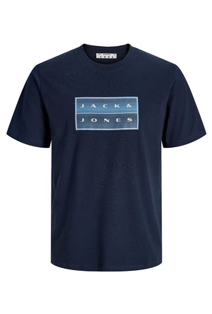 Front image of the Fusion box print tee in navy, by brand Jack&jones