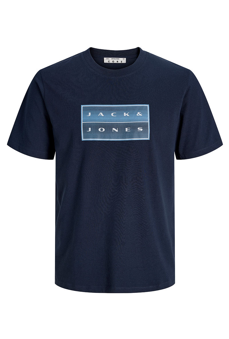 Front image of Fusion box print tee in navy, by brand Jack&jones