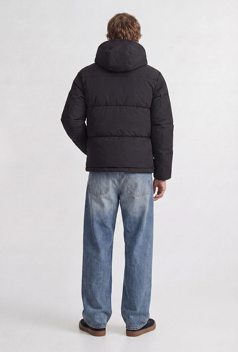 Back image of a model wearing Galaxy puffer jacket in black, by brand Jack&jones