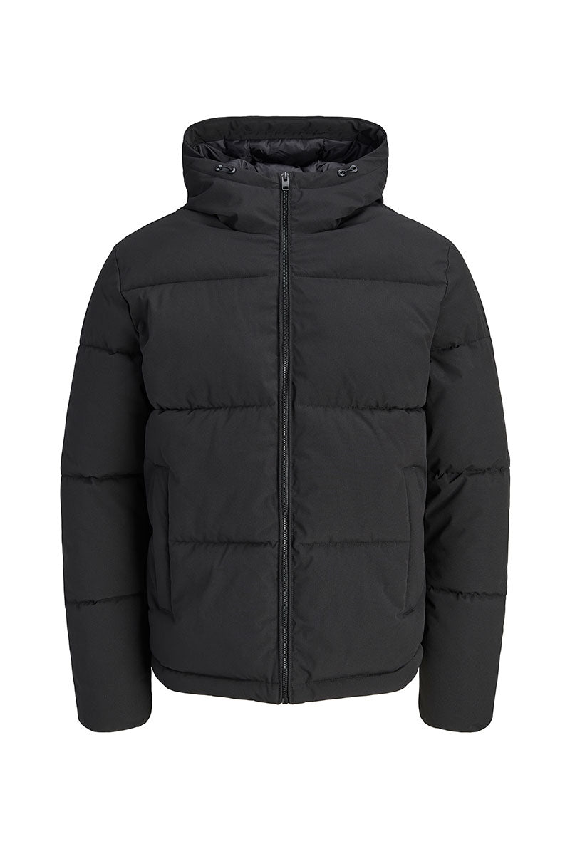 Front image of Galaxy puffer jacket in black, by brand Jack&jones