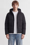 Front image of a model wearing Galaxy puffer jacket in black, by brand Jack&jones