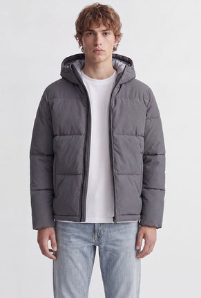 Front image of a model wearing Galaxy puffer jacket in charcoal, by brand Jack&jones
