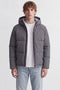 Front image of a model wearing Galaxy puffer jacket in charcoal, by brand Jack&jones