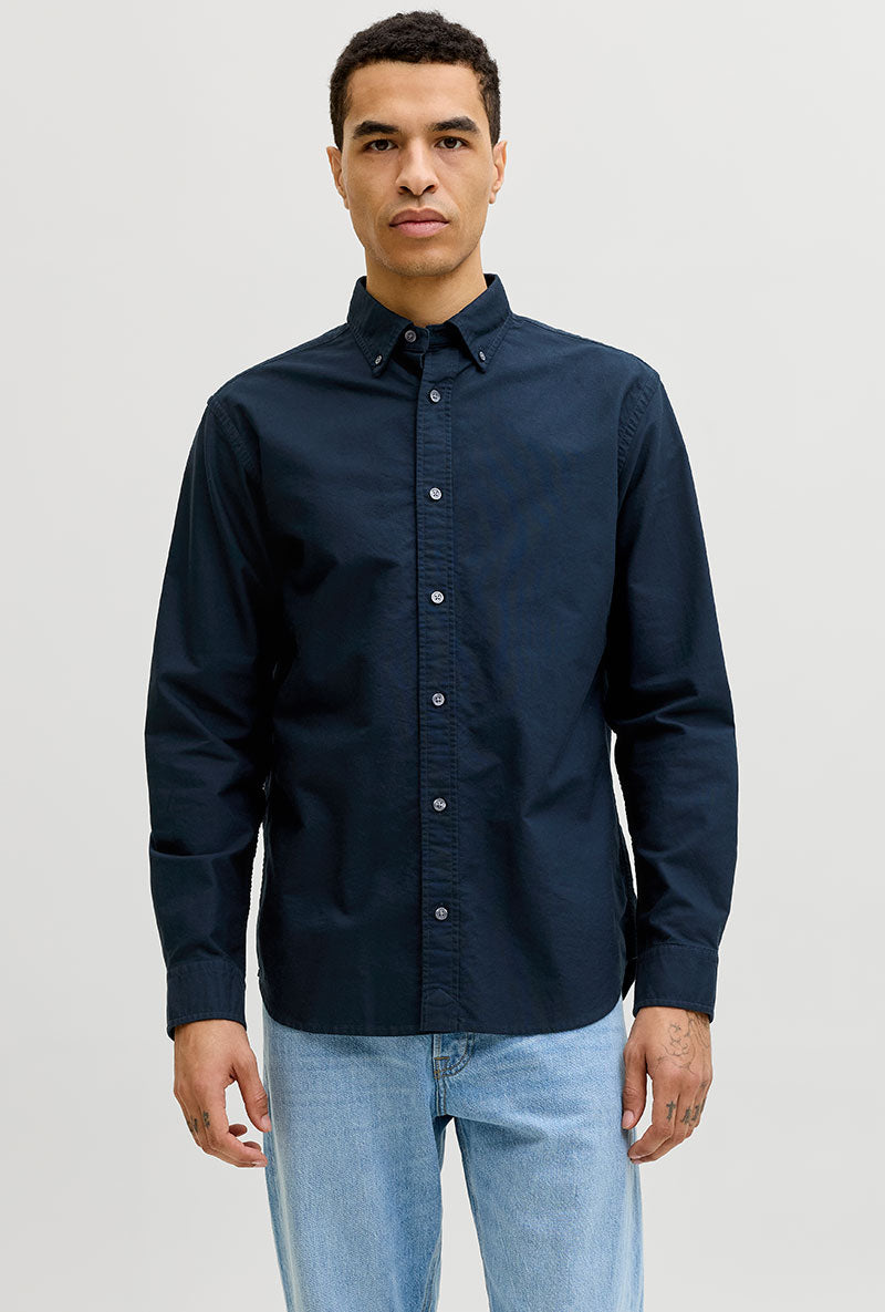 Front image of Harvey oxford ls shirt in navy, by brand Jack&jones