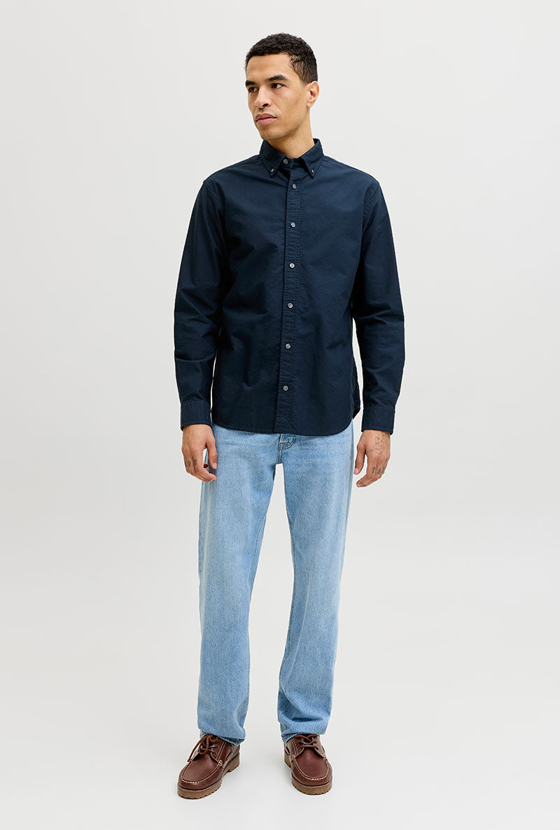 Front image of Harvey oxford ls shirt in navy, by brand Jack&jones