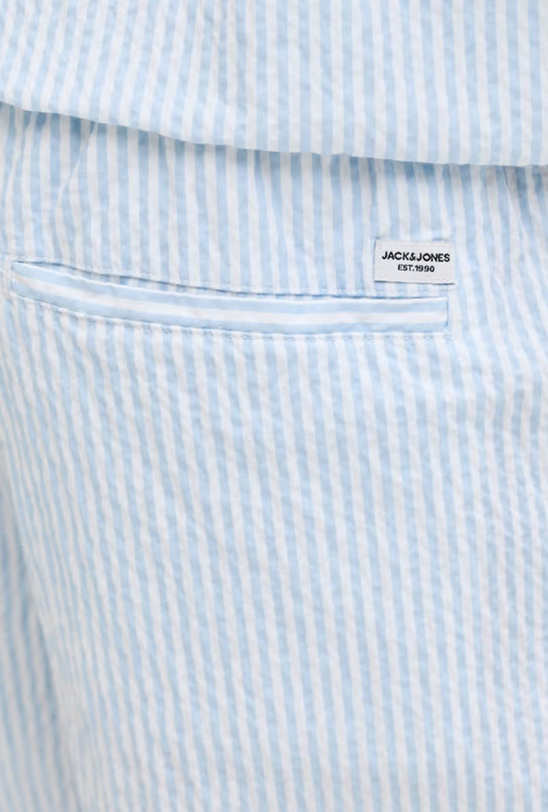 Back pocket image of Jaiden milo seersucker shorts in light blue, by brand Jack&jones