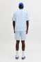Back image of a model wearing the Jaiden milo seersucker shorts in light blue, by brand Jack&jones