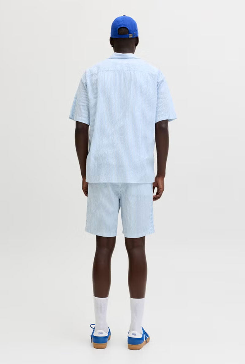 Back image of a model wearing Jaiden milo seersucker shorts in light blue, by brand Jack&jones