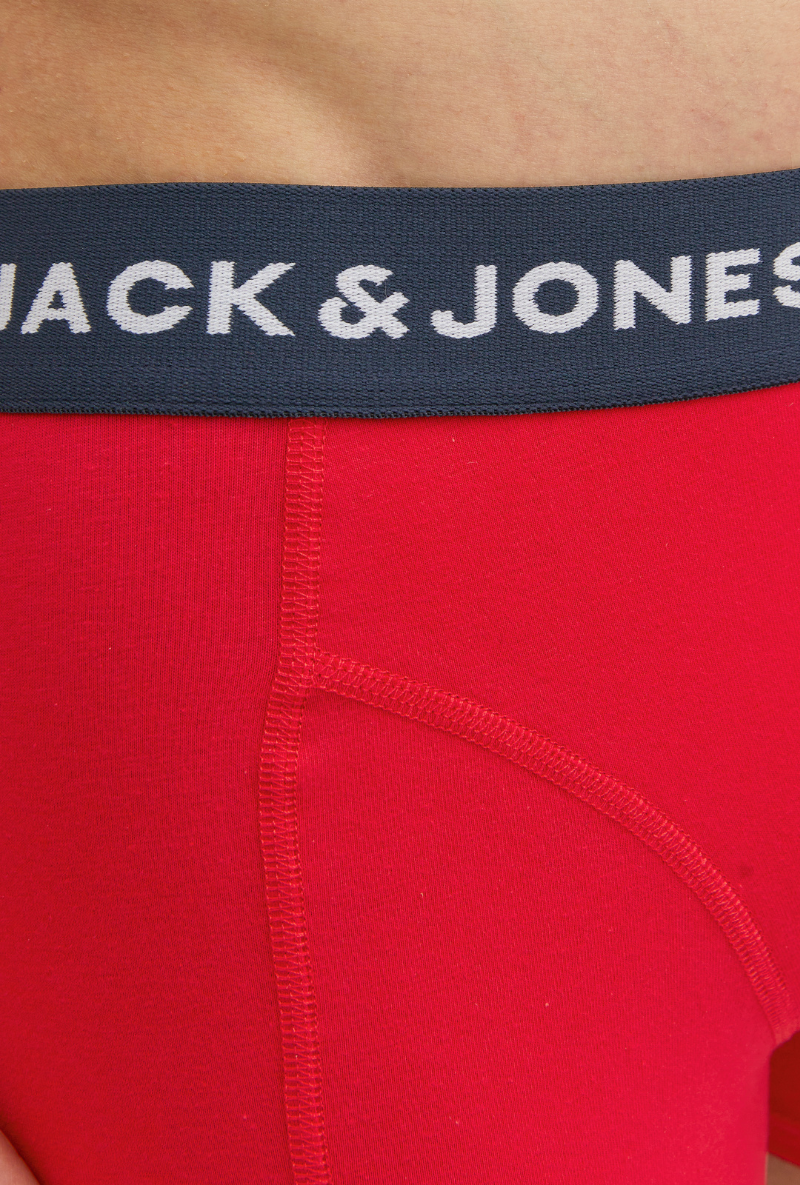 Close up image of a model wearing Jack and jones james 3 pk trunks in navy, by brand Jack&jones
